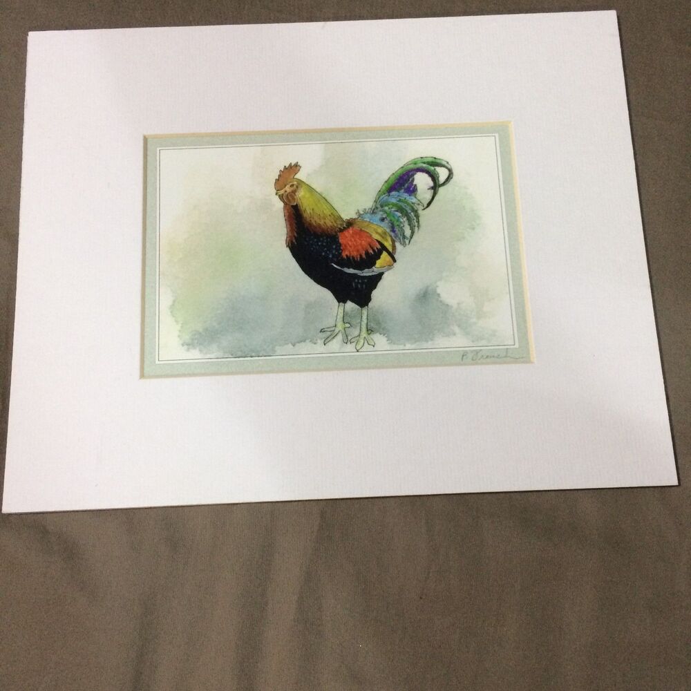 Vintage 80s Polly French Rooster Signed Art Print Matted 8x10 Western MA Artist